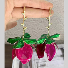 Tulip Flower Leaf Enamel 18K Gold Pink Green Tassel Dangler Earring For Women