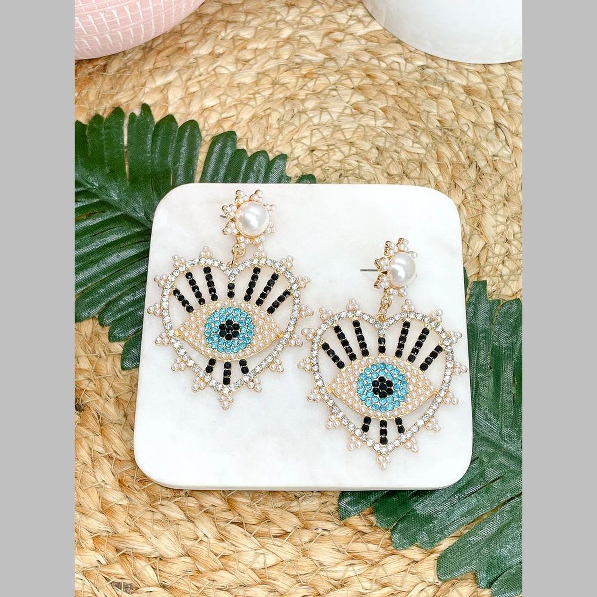 Heart Evil Eye Cubic Zirconia Pearl 18K Gold Black Dangler Earring For Women