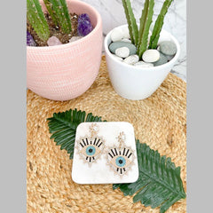 Heart Evil Eye Cubic Zirconia Pearl 18K Gold Black Dangler Earring For Women