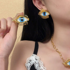 Eyelash Evil Eye Blue White 18K Gold Stud Earring For Women