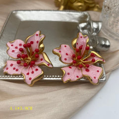 Pink Red Flower Gold Plated Enamel Alloy Stud Earrings For Women