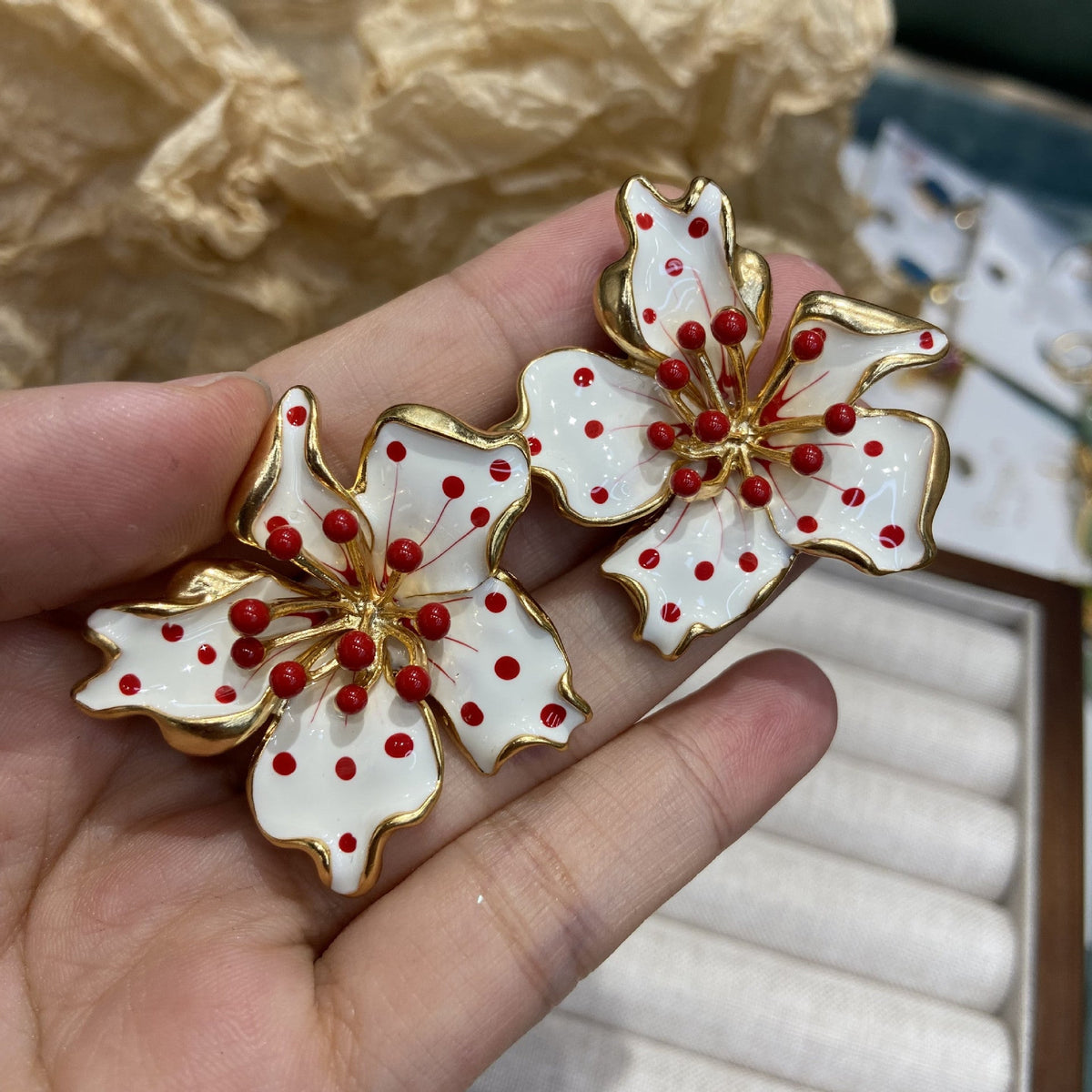 White Red Flower Gold Plated Enamel Alloy Stud Earrings For Women
