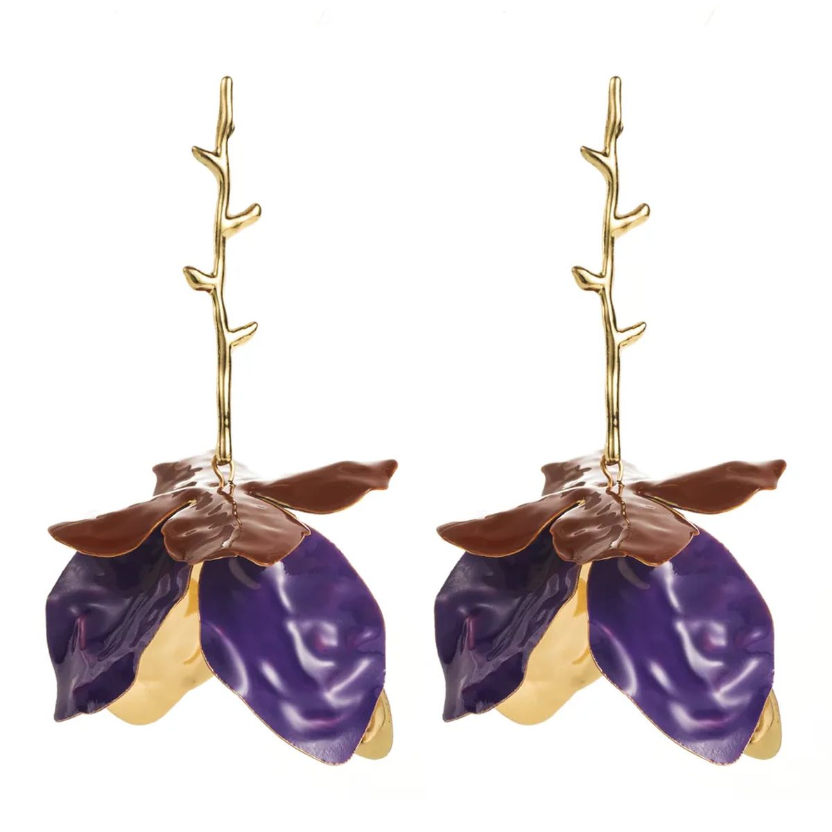 Tulip Flower Leaf Enamel 18K Gold Pink Green Tassel Dangler Earring For Women