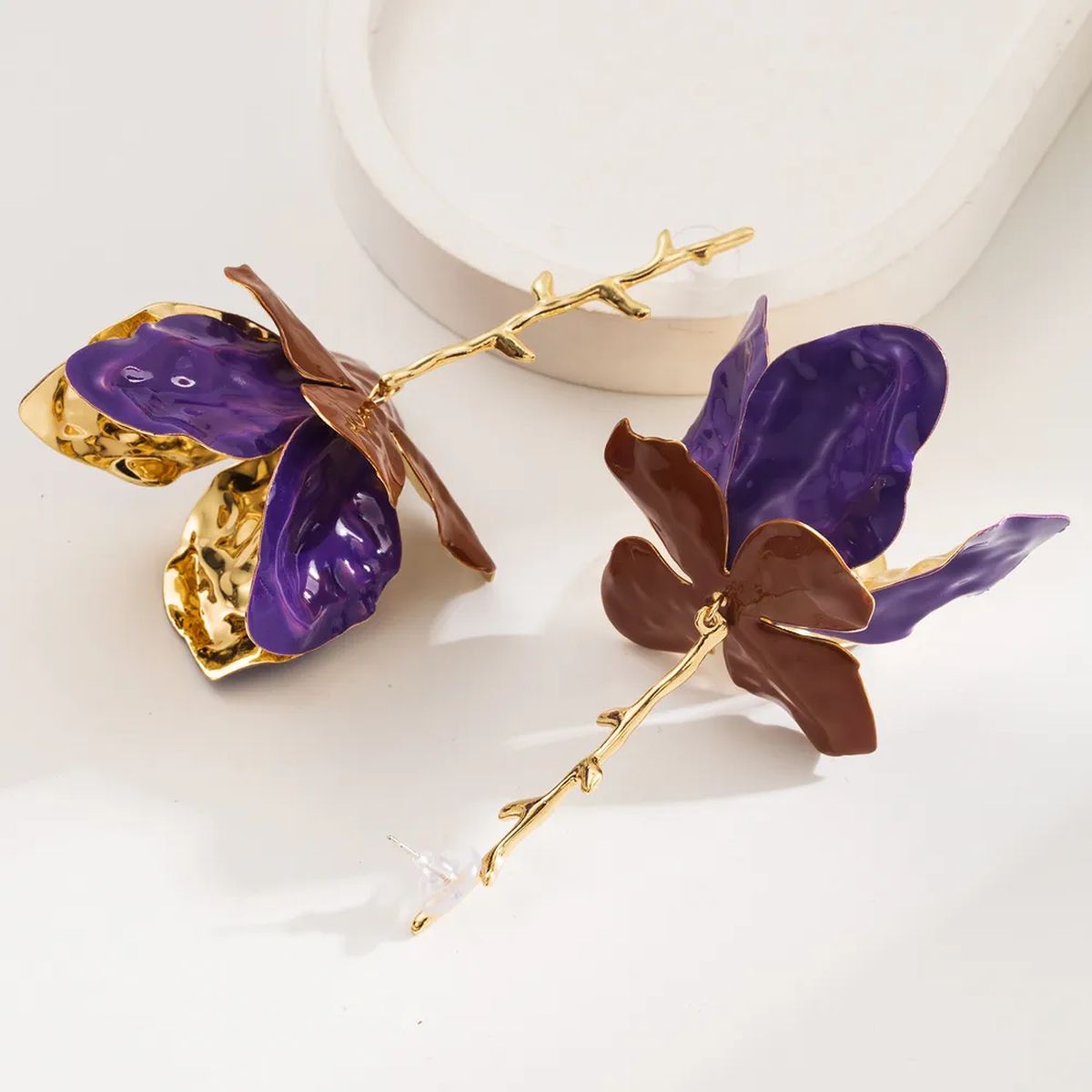Tulip Flower Leaf Enamel 18K Gold Pink Green Tassel Dangler Earring For Women