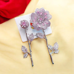 Flower Silver Pink Gold Cubic Zirconia Crystal Anti Tarnish Tassel Dangler Mismatch Earring For Women