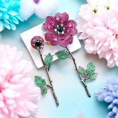 Flower Silver Pink Gold Cubic Zirconia Crystal Anti Tarnish Tassel Dangler Mismatch Earring For Women