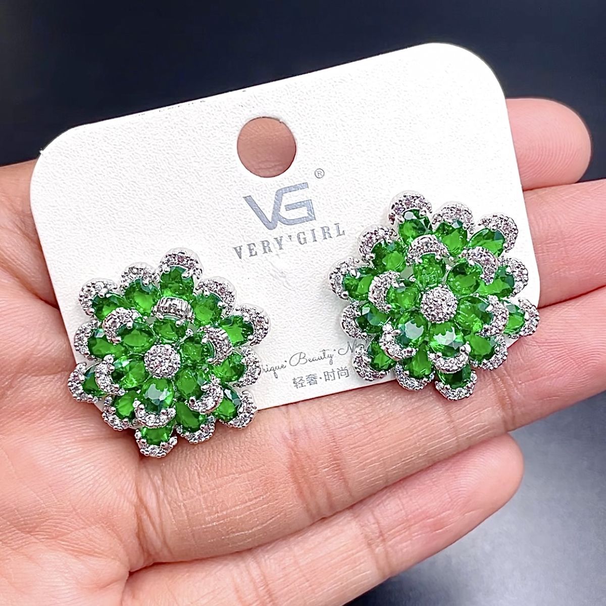 Dual Flower Silver Green Cubic Zirconia Crystal Anti Tarnish Stud Earring For Women