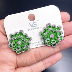 Dual Flower Silver Green Cubic Zirconia Crystal Anti Tarnish Stud Earring For Women