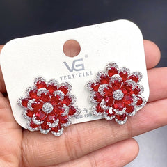 Dual Flower Silver Green Cubic Zirconia Crystal Anti Tarnish Stud Earring For Women