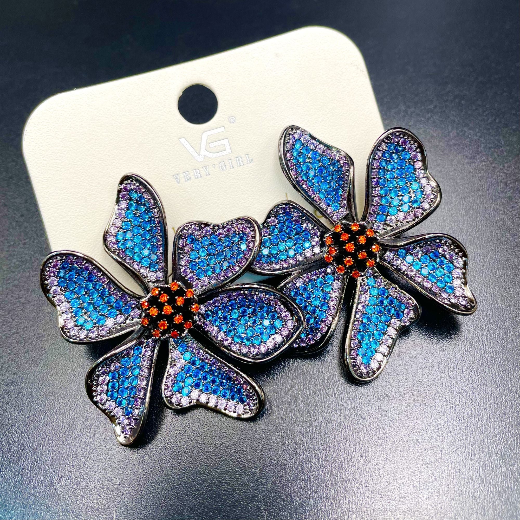 Flower Black Blue Red Crystal Anti Tarnish Stud Earring For Women