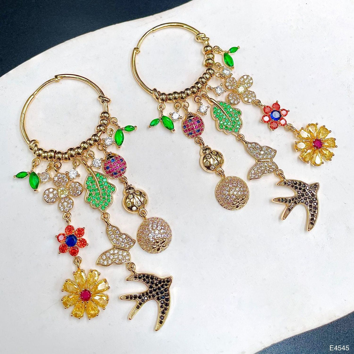 Butterfly Fish Flower Cubic Zirconia Multi Gemstone 18K Gold Anti Tarnish Dangler Tassel Earring For Women