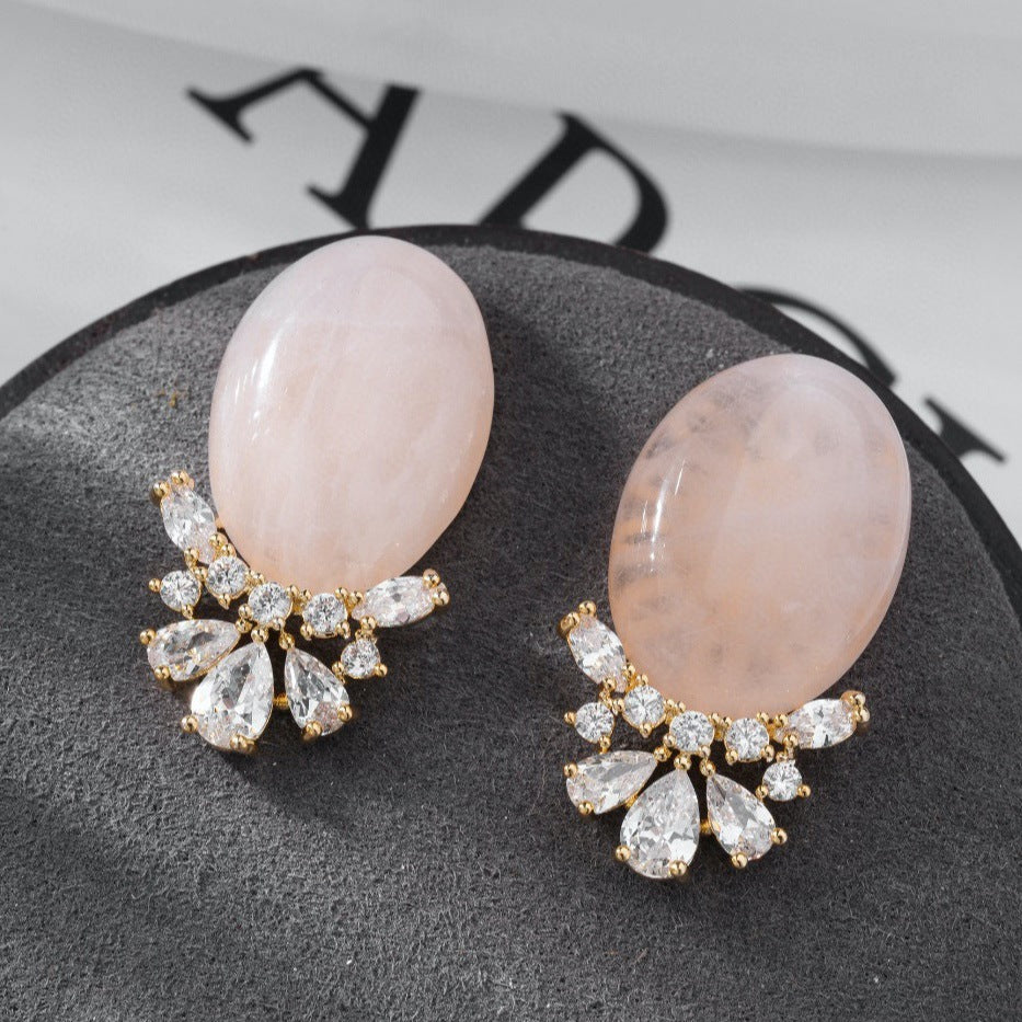 Pink Oval Gold Plated Cubic Zirconia Alloy Stud Earrings For Women