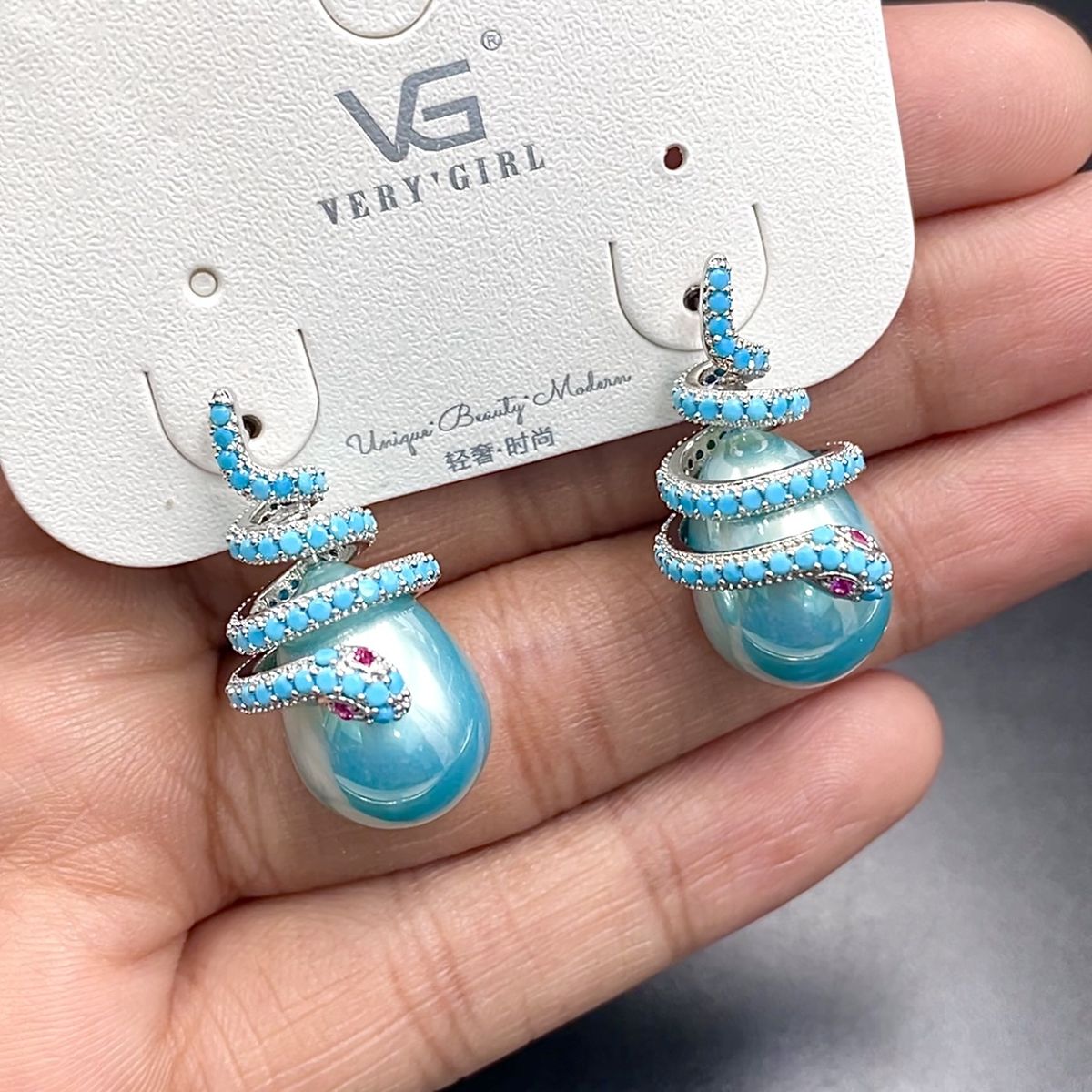 Snake Cubic Zirconia Crystal Silver Light Blue Silver Anti Tarnish Drop Earring For Women