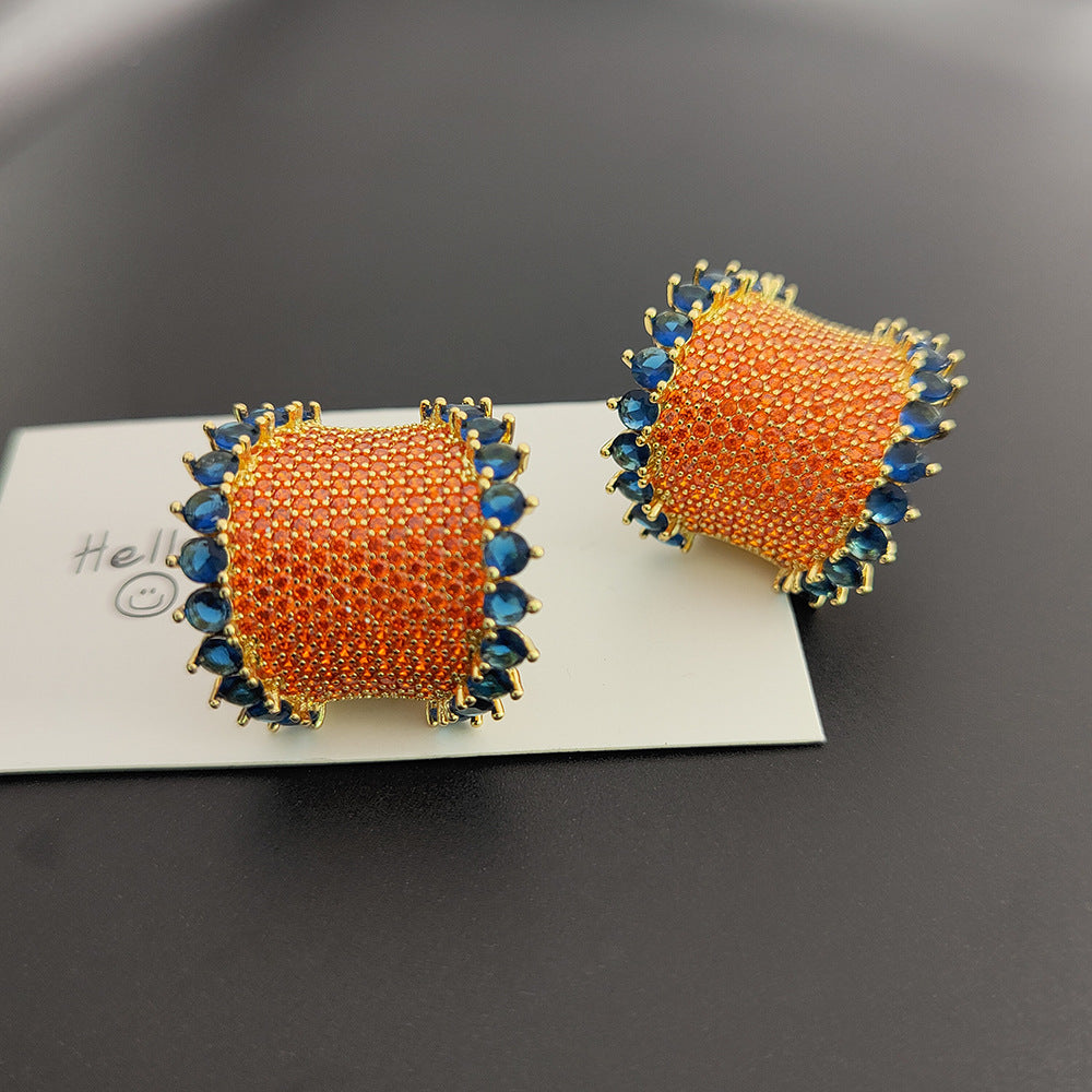 Orange Blue Gold Cubic Zirconia Anti Tarnish Copper Stud Earrings