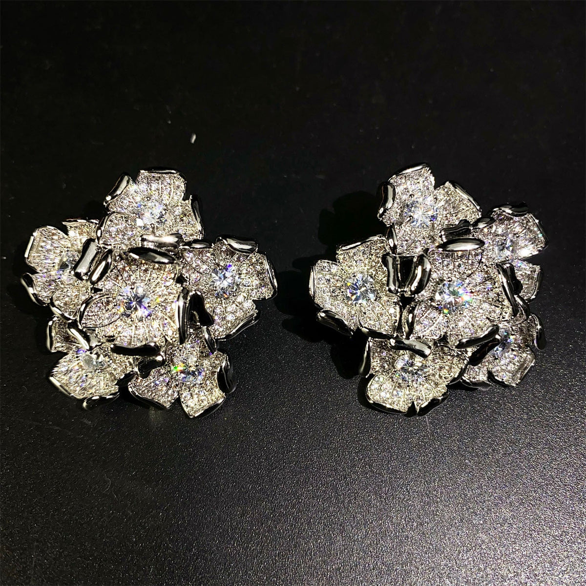Flower Silver Plated Cubic Zirconia Alloy Stud Earrings For Women