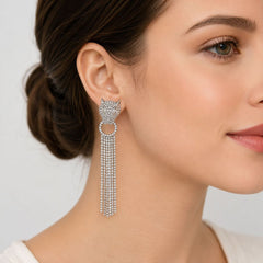 Long Panther Cubic Zirconia Silver Dangler Tassel Earring Women