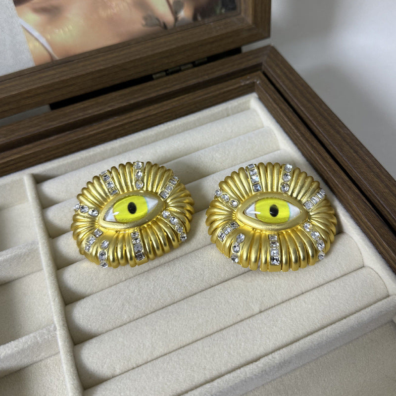 Wide Yellow Evil Eye Cubic Zirconia 18k Gold Stud Earring For Women