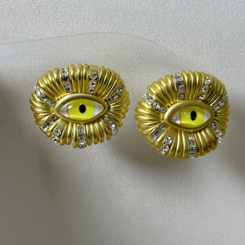 Wide Yellow Evil Eye Cubic Zirconia 18k Gold Stud Earring For Women