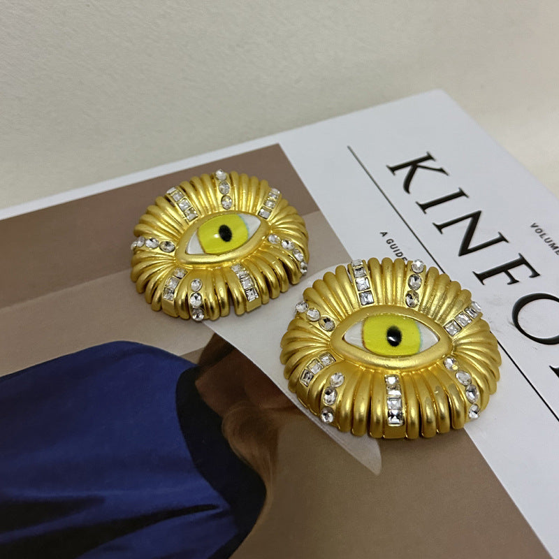 Wide Yellow Evil Eye Cubic Zirconia 18k Gold Stud Earring For Women