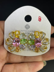 Multi Color Floral Cluster Gold Silver Cubic Zirconia Copper Stud Earrings