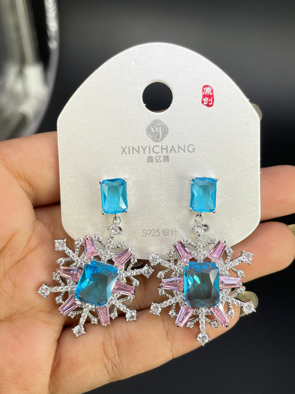 Multi Color Snowflake Gold Silver Cubic Zirconia Copper Drop Earrings