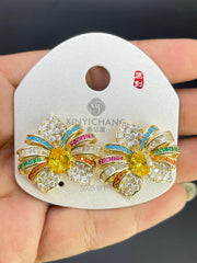 Multi Color Flower Oval Gold Silve Cubic Zirconia Copper Stud Earrings