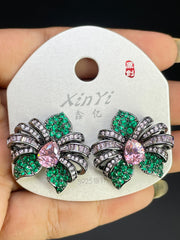 Multi Color Flower Oval Gold Silve Cubic Zirconia Copper Stud Earrings