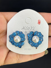 Multi Color Floral Pearl Gold Silver Cubic Zirconia Copper Stud Earrings