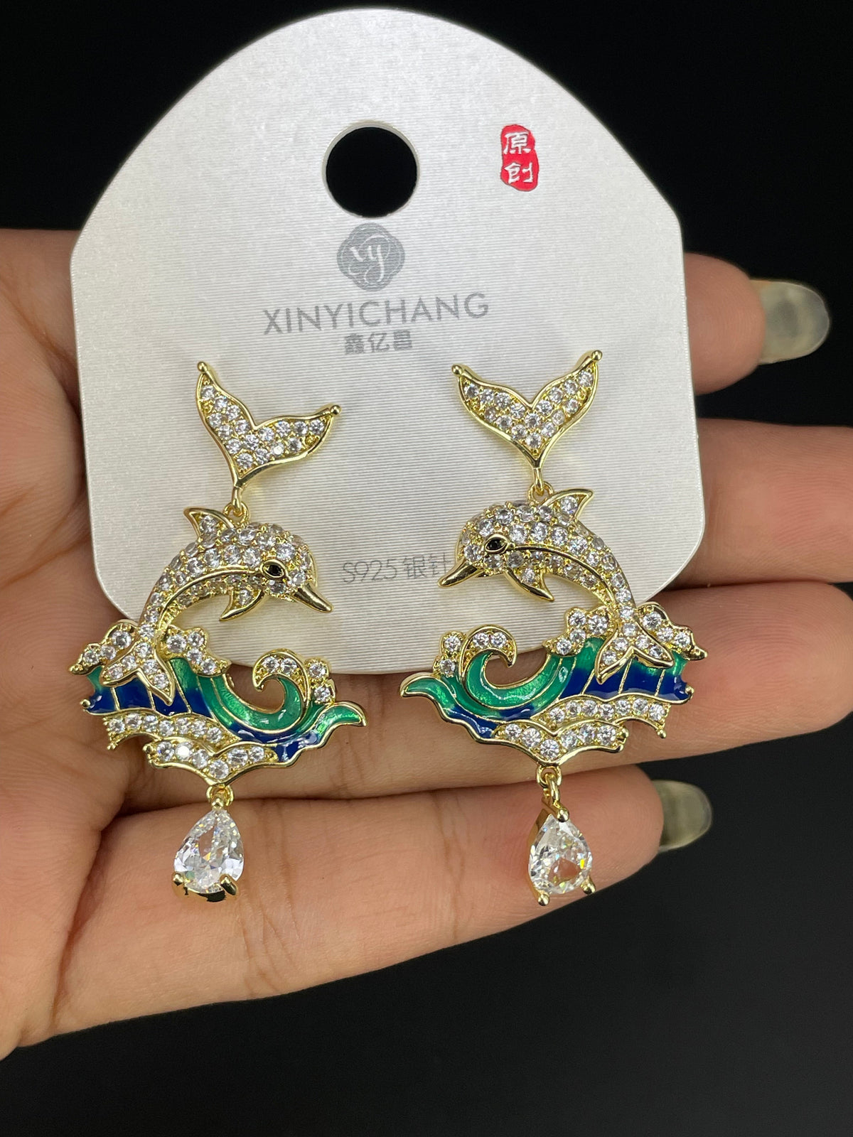 Green Blue Dolphin Wave Gold Silver Cubic Zirconia Copper Drop Earrings