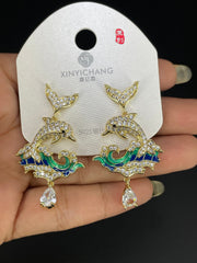 Green Blue Dolphin Wave Gold Silver Cubic Zirconia Copper Drop Earrings
