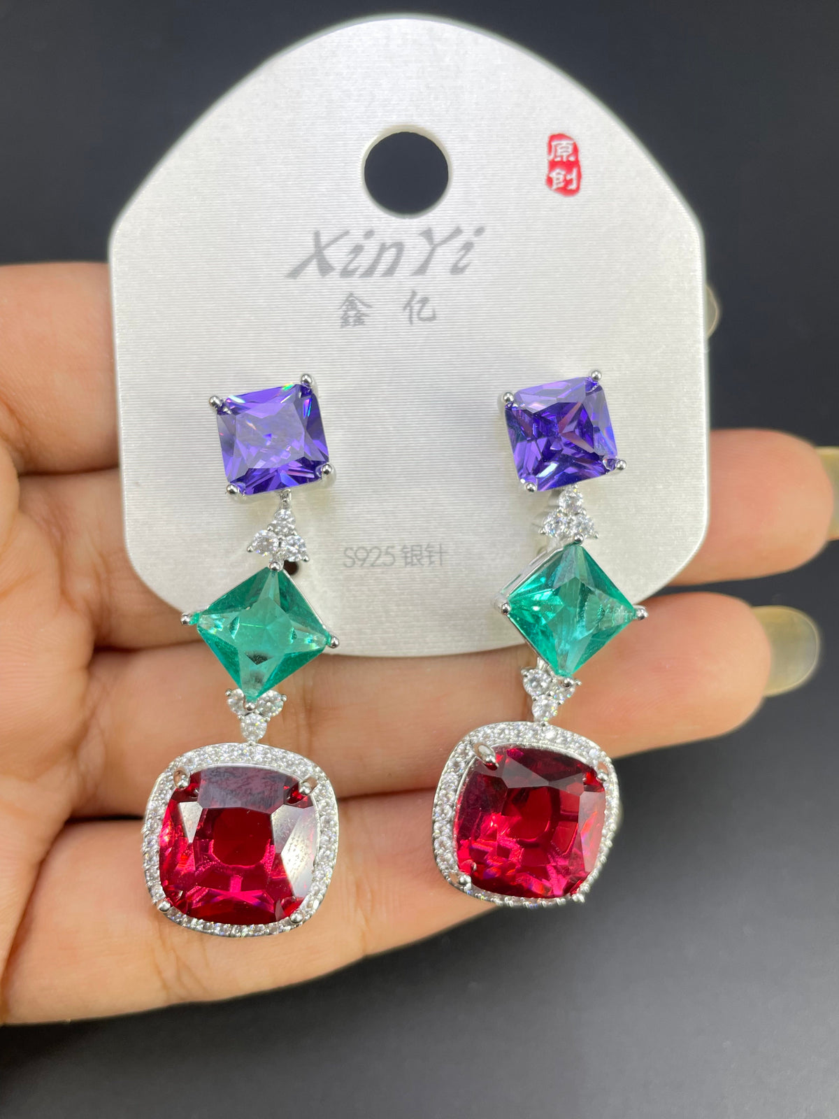Multi Color Geometric Gold Silver Cubic Zirconia Copper Stud Earrings
