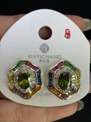 Multi Color Floral Oval Gold Silver Cubic Zirconia Copper Stud Earrings