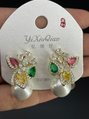 Multi Color Floral Gold Silver Cubic Zirconia Pearl Copper Drop Earrings