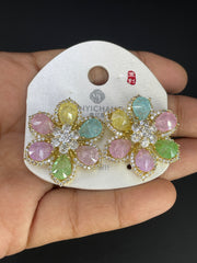 Multi Color Floral Gold Silver Cubic Zirconia Copper Stud Earrings