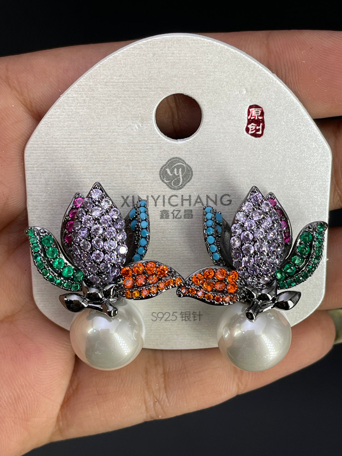 Multi Color Flower Pearl Gold Silver Cubic Zirconia Copper Stud Earrings