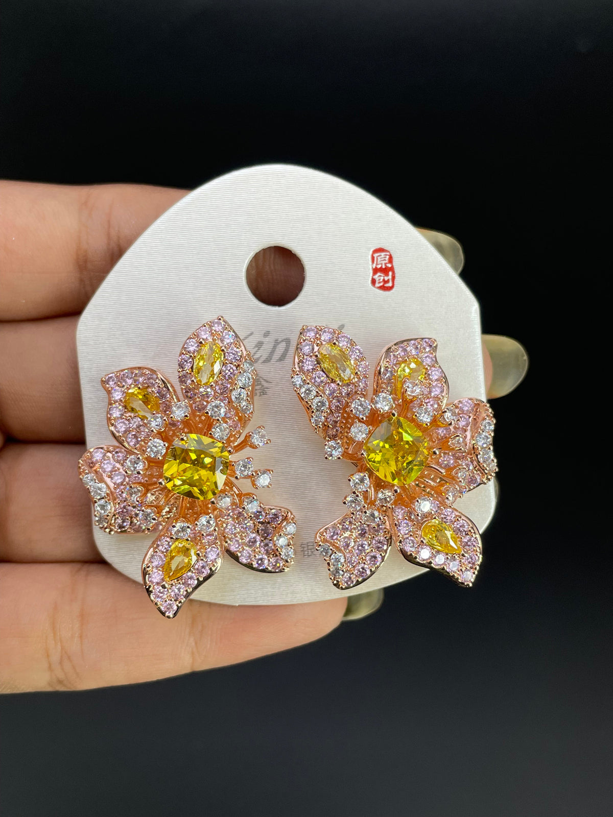 Multi Color Flower Rose Gold Silver Cubic Zirconia Copper Stud Earrings