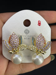 Multi Color Flower Pearl Gold Silver Cubic Zirconia Copper Stud Earrings