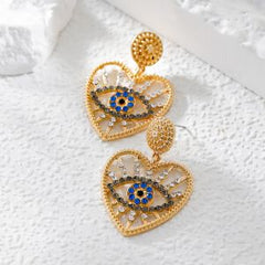 Luxury Heart Shaped Evil Eye Gold Plated CZ Drop Earrings For Women