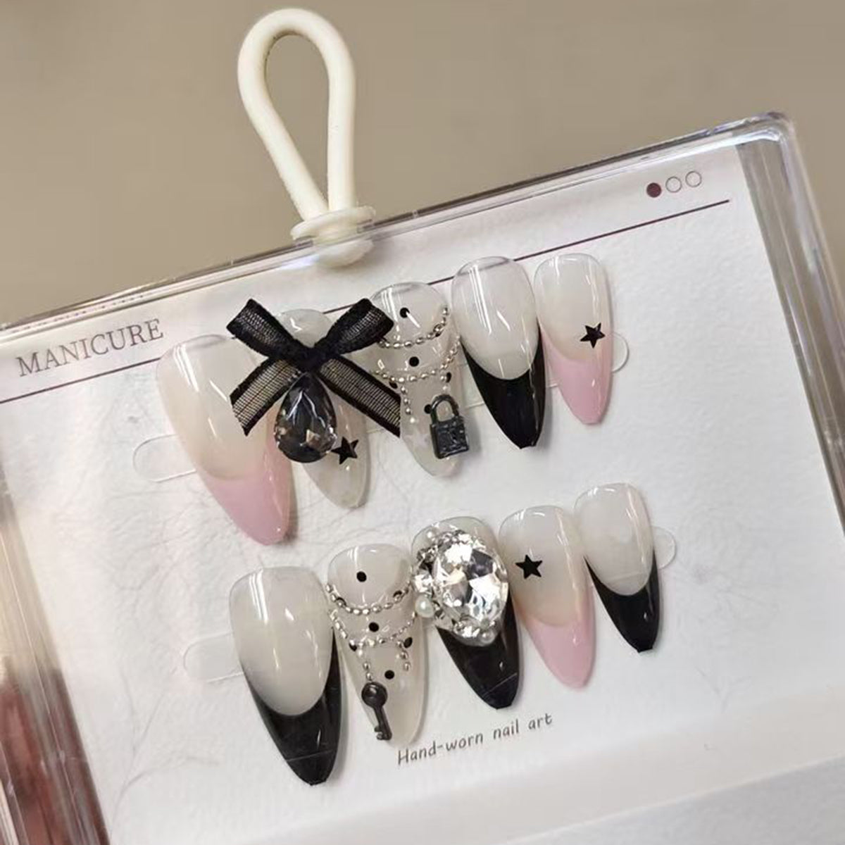 Ribbon Bow Lock Star Cubic Zirconia Black White Finger Nail Pack Of 10 For Women