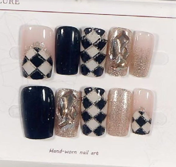 Checks Cubic Zirconia Multicolour Black Finger Nail Pack Of 10 For Women