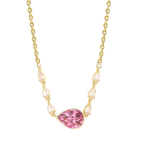 Pink Center Stone & Teardrop Rose Silver Gold Plated Brass Necklace