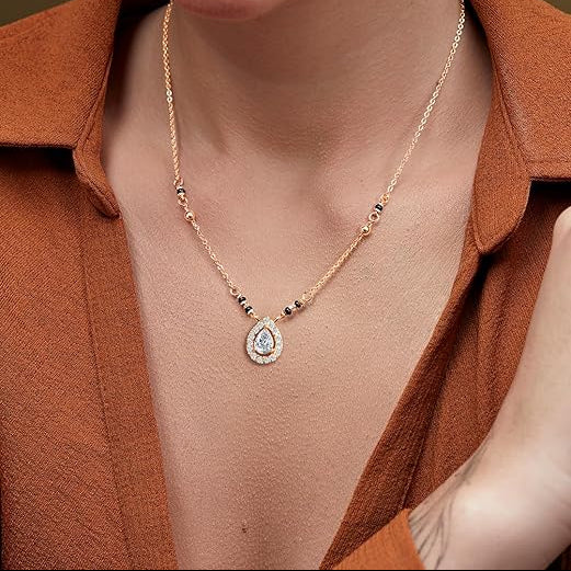 Double Halo Teardrop Black Beads Rose Silver Gold CZ Brass Mangalsutra
