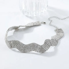 Wave 18K Gold Silver Crystal Rhinestone Adjustable Choker Necklace For Women
