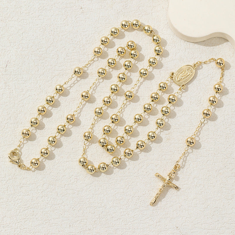 Jesus Cross Mary Christian Catholic Prayer Rosary Stainless Steel Gold Necklace Chain