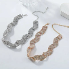Wave 18K Gold Silver Crystal Rhinestone Adjustable Choker Necklace For Women