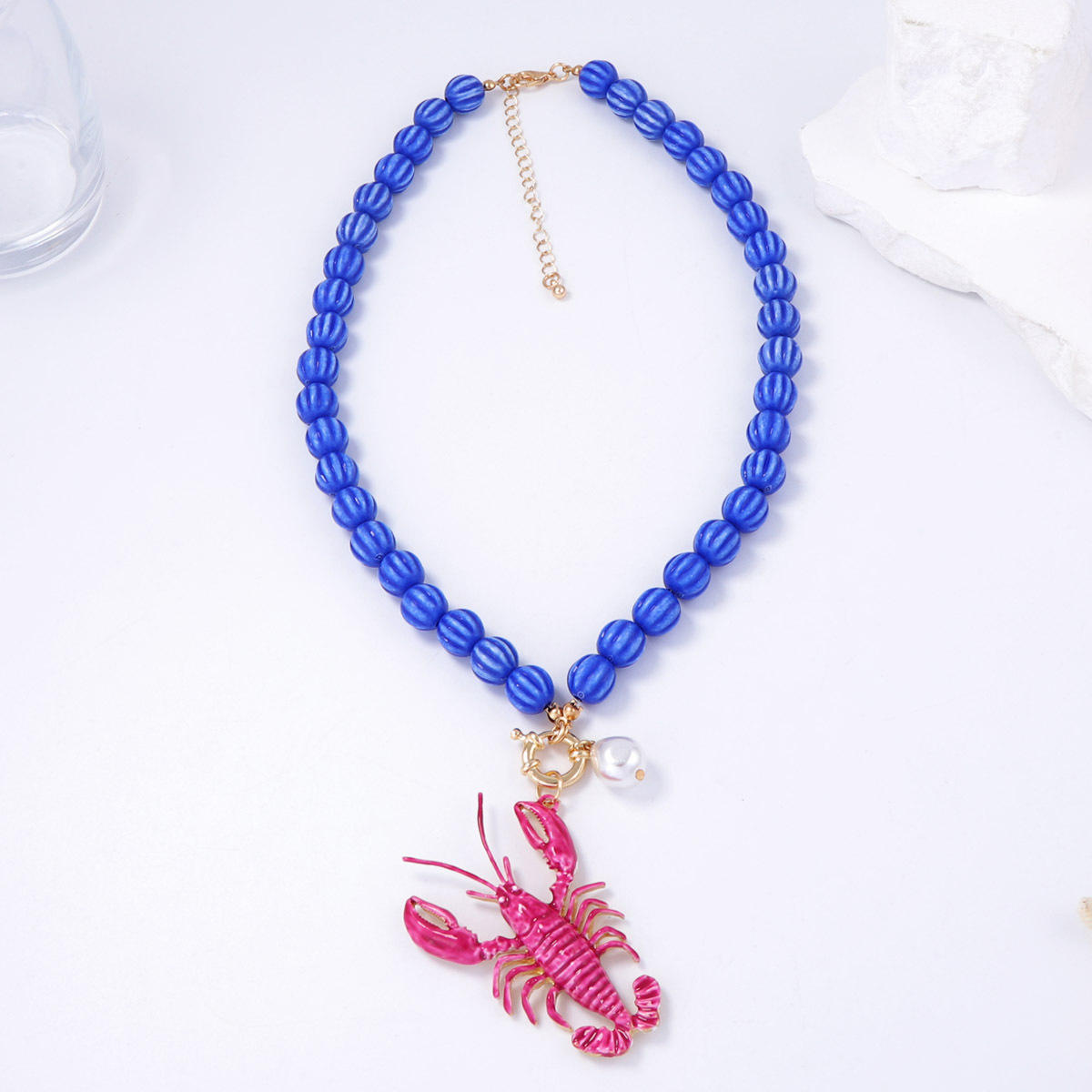 Lobster Pink Blue Beads Pearl Acrylic Necklace For Women