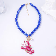 Lobster Pink Blue Beads Pearl Acrylic Necklace For Women