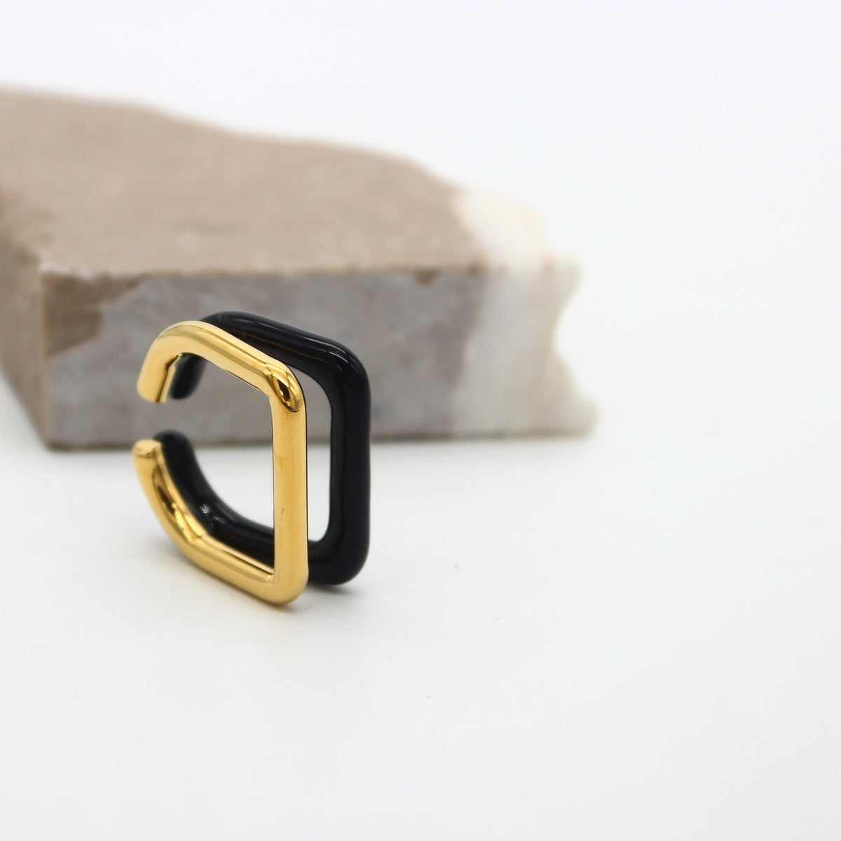 Dual Square Black 18K Gold Stainless Steel Anti Tarnish Ring For Women