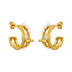 Dented Cubic Zirconia Pearl 18K Gold Stainless Steel Anti Tarnish Hoop Earring For Women