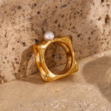 Aphrodite Square Pearl White 18K Gold Stainless Steel Anti Tarnish Ring For Women